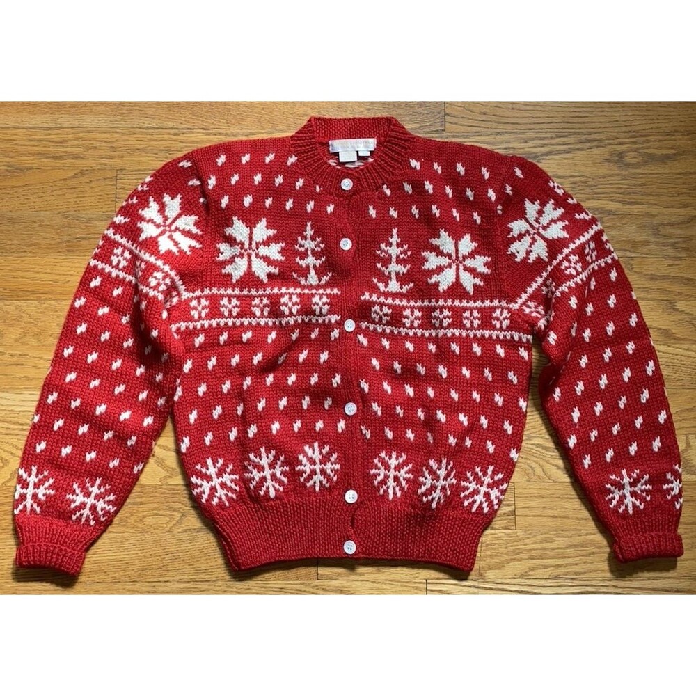 Vintage Brooks Brothers Holiday Snowflakes Fair Isle Red Wool Cardigan Sweater L